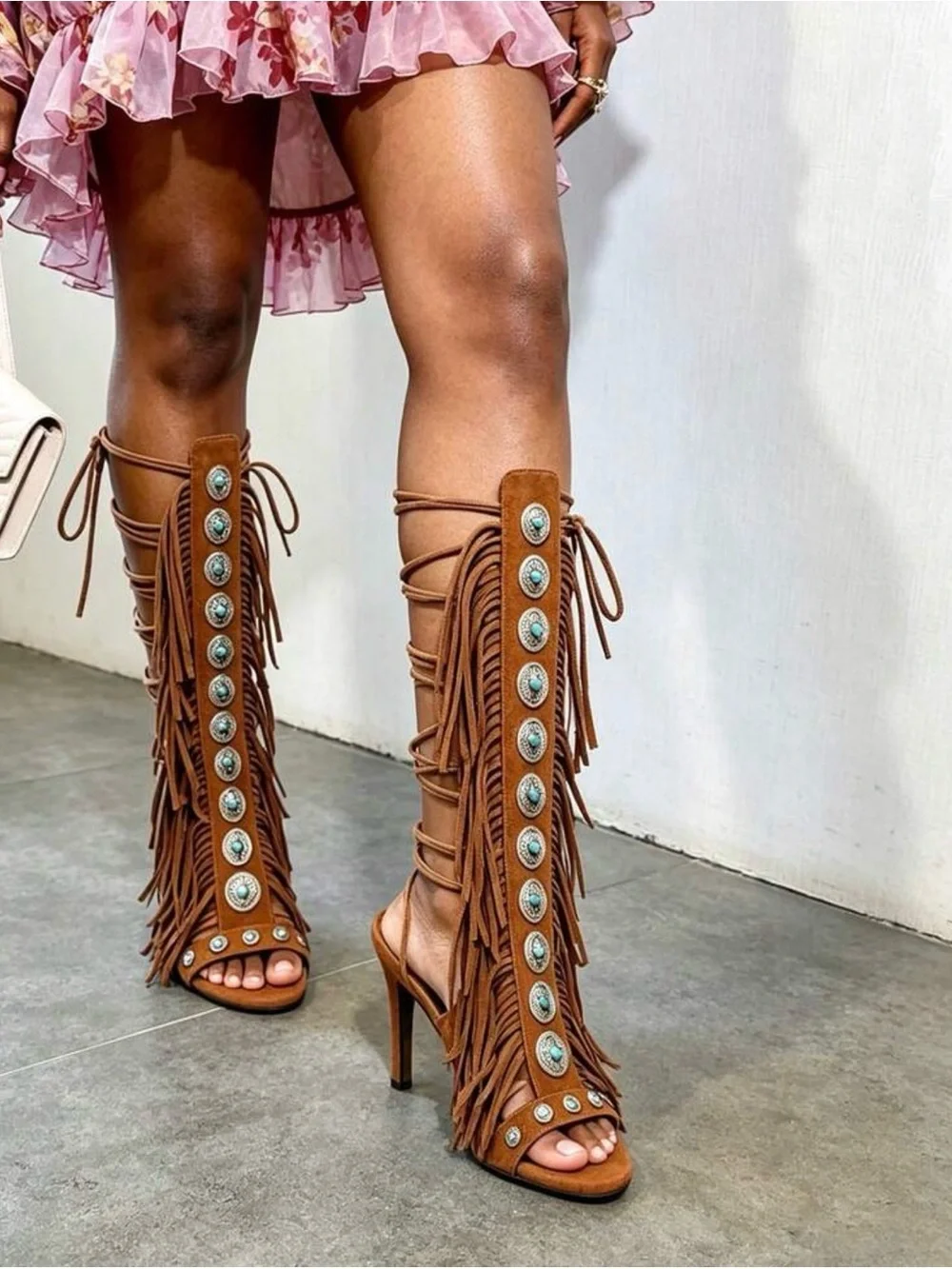 Women’s Tan Fringe Gladiator Sandals with Concho Accents - Picture 2 of 4